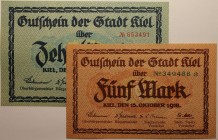 Banknoten, Deutschland / Germany, Lots und Sammlungen. Notgeld Kiel, Schleswig-Holstein. 5, 10 Mark 15.10.1918. Geiger 270.3, 4. Lot von 2 Banknoten. ...