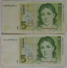 Banknoten, Deutschland / Germany, Lots und Sammlungen. BRD. Schein / Geldschein / Banknote 1. August 1991 Bettina von Arnim. 2 x 5 Mark 1991. Lot von ...