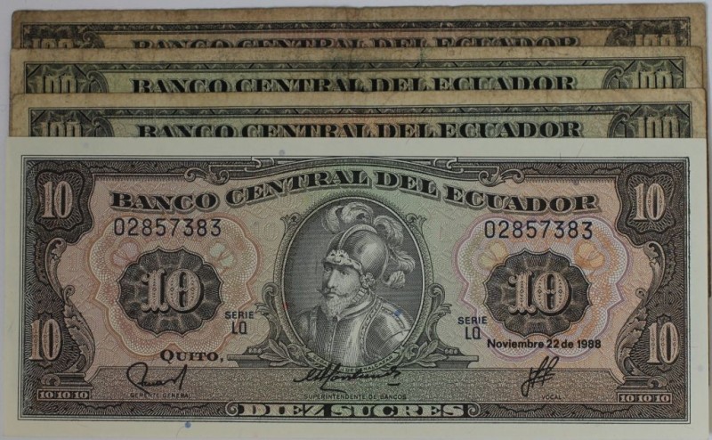 Banknoten, Ecuador, Lots und Sammlungen. 10 Sucres, 3 x 100 Sucres 1980-88. Lot ...