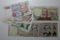 Banknoten, Italien / Italy, Lots und Sammlungen. 5 x 1000 Lire, 2 x 2000 Lire, 5000 Lire 1969-1990, Lot von 8 Banknoten. I-II