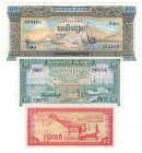 Banknoten, Kambodscha / Cambodia, Lots und Sammlungen. 0.5 Riel 1979. P.27. I, 1 Riel 1956-72. P.46. I, 50 Riels 1972. P.7a. I, Lot von 3 Banknoten