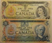 Banknoten, Kanada / Canada, Lots und Sammlungen. 1 Dollar 1973, Pick:085c, 5 Dollars 1979, Pick:92a, Lot von 2 Banknoten. III