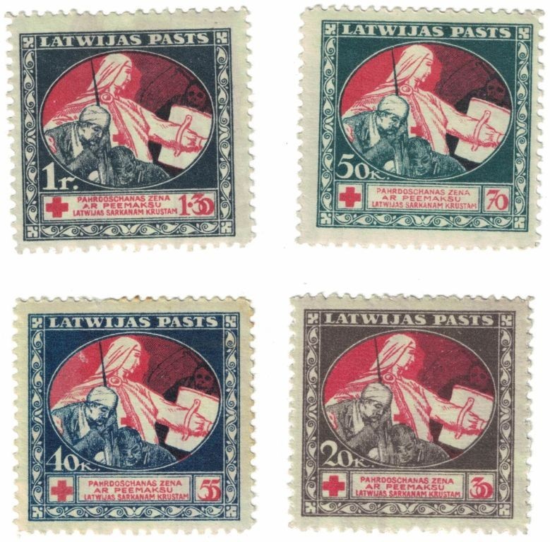 Briefmarken / Postmarken, Lettland / Latvia. Rotes Kreuz. Lot von 4 stück 1920. ...