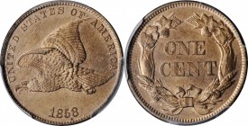 Flying Eagle Cent

1858 Flying Eagle Cent. Small Letters, Low Leaves (Style of 1858), Type III. MS-65 (PCGS).

Satiny tannish-apricot surfaces are...