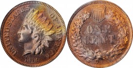 Indian Cent

1872 Indian Cent. Proof-64 RD (PCGS).

Bursts of powder blue, pale gold and pinkish-apricot iridescence enliven otherwise rose-red co...