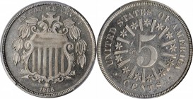 Shield Nickel

1866 Shield Nickel. Rays. Proof-65 (PCGS). CAC.

Charming Gem surfaces are untoned apart from blushes of faint silver iridescence t...