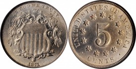 Shield Nickel

1871/1871 Shield Nickel. FS-301. Repunched Date. MS-64 (NGC).

Brilliant apart from wisps of iridescent champagne-gold peripheral c...