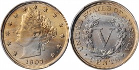 Liberty Head Nickel

1907 Liberty Head Nickel. MS-66 (PCGS).

Delicate pale gold, light blue and lilac highlights flash into view as this satiny, ...