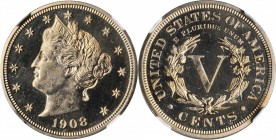 Liberty Head Nickel

1908 Liberty Head Nickel. Proof-66+ Cameo (NGC). CAC.

A subtle golden shimmer accents the surfaces of this otherwise brillia...
