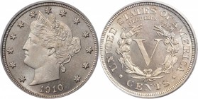 Liberty Head Nickel

1910 Liberty Head Nickel. Proof-67 (PCGS).

Frosty design elements contrast markedly with semi-reflective fields; a bit more ...