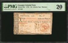 Colonial Notes

GA-75b. Georgia. 1776. $4. PMG Very Fine 20.

No.682. Maroon Liberty Cap Seal. Five signatures. A very scarce series of notes with...