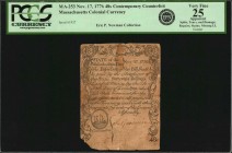 Colonial Notes

MA-253CT. Massachusetts. November 17, 1776. 48 Shillings. PCGS Currency Very Fine 25 Apparent. Splits, Tears and Damage: Repairs; St...