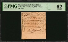 Colonial Notes

MA-256. Massachusetts. October 16, 1778. 4 Pence. PMG Uncirculated 62.

No.5762. Signed by Cranch. No imprint. Revere Codfish issu...