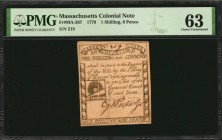 Colonial Notes

MA-267. Massachusetts. 1779. 1 Shilling, 6 Pence. PMG Choice Uncirculated 63.

No.219. Signed by Partridge. Stunning Revere engrav...