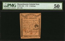 Colonial Notes

MA-268. Massachusetts. 1779. 2 Shillings. PMG About Uncirculated 50.

No. 1199. Signed by George Partridge. Rising Sun vignette. T...