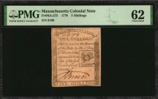 Colonial Notes

MA-275. Massachusetts. 1779. 5 Shillings. PMG Uncirculated 62.

No.8198. Signed by Brown. Revere engraved "Rising Sun" type with s...