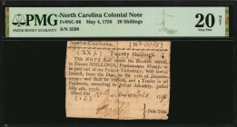 Colonial Notes

NC-96. North Carolina. May 4, 1758. 20 Shillings. PMG Very Fine 20 Net. Split Repairs, Pinholes.

No. 3598. Rare typeset early Nor...