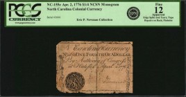 Colonial Notes

NC-155e. North Carolina. April 2, 1776. $1/4. PCGS Currency Fine 12 Apparent. Edge Splits and Tears; Tape Repairs on Back; Pinholes....