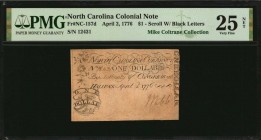 Colonial Notes

NC-157d. North Carolina. April 2, 1776. $1. PMG Very Fine 25 Net. Repaired, Pieces Added.

No. 12431. Scroll with Black Letters. T...