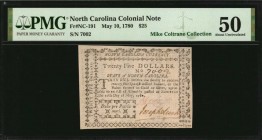 Colonial Notes

NC-191. North Carolina. May 10, 1780. $25. PMG About Uncirculated 50.

No. 7002. Two signatures. Motto "Dulce Pro Patria Mori," wh...