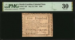 Colonial Notes

NC-198. North Carolina. May 10, 1780. $500. PMG Very Fine 30.

No. 847. Two thickly applied signatures. Printed by Davis on thin l...