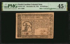 Colonial Notes

NC-215. North Carolina. December 29, 1785. 40 Shillings. PMG Choice Extremely Fine 45 EPQ.

No. 11699. Signed by Absalom Tatom and...