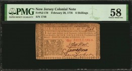Colonial Notes

NJ-170. New Jersey. February 20, 1776. 6 Shillings. PMG Choice About Uncirculated 58.

No.1748. Exceptionally bold signatures are ...