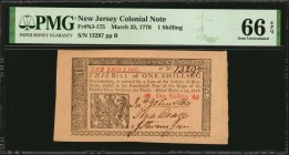 Colonial Notes

NJ-175. New Jersey. March 25, 1776. 1 Shilling. PMG Gem Uncirculated 66 EPQ.

No.13297. Signed by Johnston, Dean and Stevenson. A ...