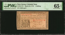 Colonial Notes

NJ-175. New Jersey. March 25, 1776. 1 Shilling. PMG Gem Uncirculated 65 EPQ.

No.18623. Signed by Johnston, Hart and Stevenson. An...