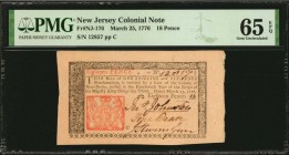 Colonial Notes

NJ-176. New Jersey. March 25, 1776. 18 Pence. PMG Gem Uncirculated 65 EPQ.

No.12857. Signed by Johnston, Dean and Stevenson. Exce...
