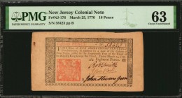 Colonial Notes

NJ-176. New Jersey. March 25, 1776. 18 Pence. PMG Choice Uncirculated 63.

No.58423. Signed by Smith, Hart and Stevenson. Crisp pa...