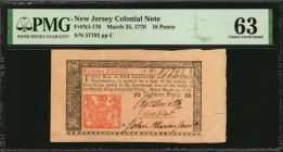 Colonial Notes

NJ-176. New Jersey. March 25, 1776. 18 Pence. PMG Choice Uncirculated 63.

No.57792. Signed by Smith, Hart and Stevenson. Jumbo ma...