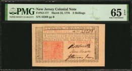Colonial Notes

NJ-177. New Jersey. March 25, 1776. 3 Shillings. PMG Gem Uncirculated 65 EPQ.

No.43209. Signed by Smith, Dean and Stevenson. A re...