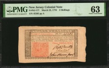 Colonial Notes

NJ-177. New Jersey. March 25, 1776. 3 Shillings. PMG Choice Uncirculated 63.

No.45202. Signed by Smith, Hart and Stevenson. Overs...