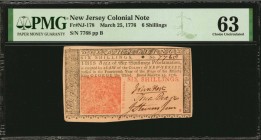 Colonial Notes

NJ-178. New Jersey. March 25, 1776. 6 Shillings. PMG Choice Uncirculated 63.

No.7768. Signed by Hart, Dean and Stevenson. A boldl...