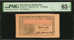 Colonial Notes

NJ-179. New Jersey. March 25, 1776. 12 Shillings. PMG Gem Uncirculated 65 EPQ.

No.33466. Signed by Smith, Hart and Stevenson. An ...