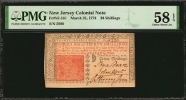 Colonial Notes

NJ-181. New Jersey. March 25, 1776. 30 Shillings. PMG Choice About Uncirculated 58 EPQ.

No.5880. Signed by Dean, Hart and Stevens...