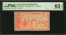 Colonial Notes

NJ-183. New Jersey. March 25, 1776. 6 Pounds. PMG Choice Uncirculated 63 EPQ.

No.215. Signed by Smith, Johnston and Smyth. An exc...