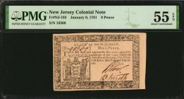 Colonial Notes

NJ-193. New Jersey. January 9, 1781. 9 Pence. PMG About Uncirculated 55 EPQ.

No.18369. Signed by Robert Neil and Benjamin Smith. ...