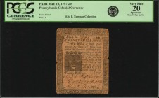Colonial Notes

PA-84. Pennsylvania. March 10, 1757. 20 Shillings. PCGS Currency Very Fine 20 Apparent. Small Edge Splits.

No. 1521. Three signat...