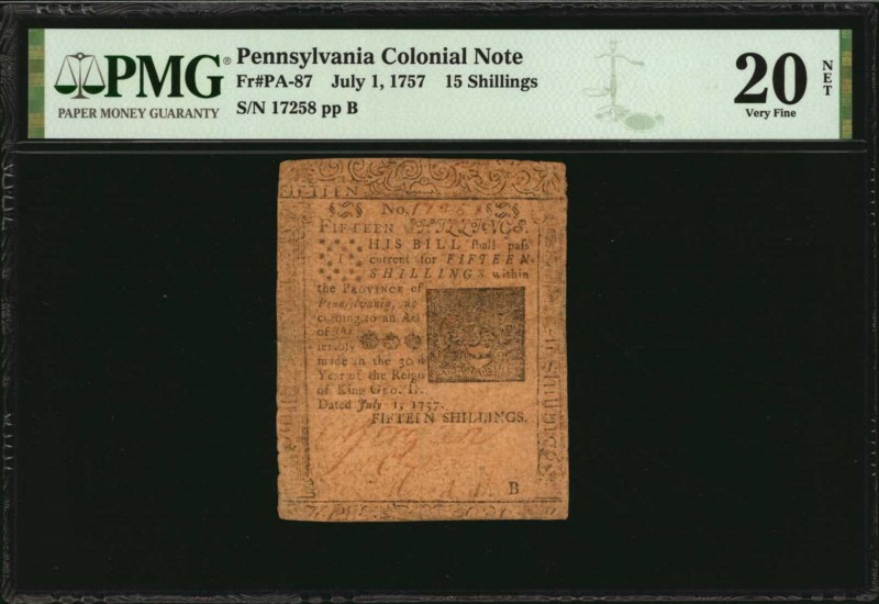 Colonial Notes

PA-87. Pennsylvania. July 1, 1757. 15 Shillings. PMG Very Fine...