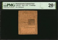 Colonial Notes

PA-87. Pennsylvania. July 1, 1757. 15 Shillings. PMG Very Fine 20 Net. Repaired.

No.17258. Signed by Morgan, Ord and third signat...