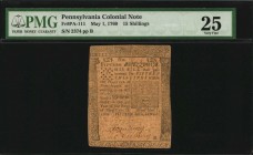Colonial Notes

PA-111. Pennsylvania. May 1, 1760. 15 Shillings. PMG Very Fine 25.

No. 2374. Three signatures. Plate B. Yet another printed by B....