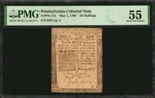 Colonial Notes

PA-112. Pennsylvania. May 1, 1760. 20 Shillings. PMG About Uncirculated 55.

No.8391. Imprint of B. Franklin and D. Hall. Signed b...