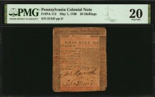 Colonial Notes

PA-113. Pennsylvania. May 1, 1760. 50 Shillings. PMG Very Fine 20.

No. 21545. Plate D. Three bold signatures. Seen with the all-i...