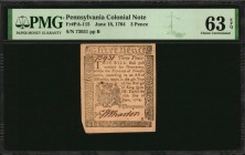 Colonial Notes

PA-115. Pennsylvania. June 18, 1764. 3 Pence. PMG Choice Uncirculated 63 EPQ.

No.73931. Imprint of B. Franklin and D. Hall. Signe...