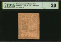 Colonial Notes

PA-126. Pennsylvania. June 18, 1764. 20 Shillings. PMG Very Fine 20.

No. 185. Signed by Evans, Wharton, and Story. Printed by Ben...