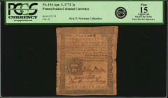 Colonial Notes

PA-154. Pennsylvania. April 3, 1772. 1 Shilling. PCGS Currency Fine 15 Apparent. Small Edge Splits.

No. 32278. Printed by John Mo...