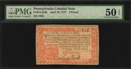 Colonial Notes

PA-224b. Pennsylvania. April 10, 1777. 4 Pound. PMG About Uncirculated 50 EPQ.

No. 1848. Boldly signed by Boone and Budd. Printed...