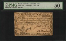 Colonial Notes

SC-156. South Carolina. February 8, 1779. $70. PMG About Uncirculated 50.

No. 9977. Three signatures. Thomas Coram engraved serie...